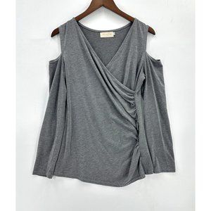 Merry Fun Top Womens Pullover Cold Shoulder Long Sleeve V-Neck Ruched  Gray L